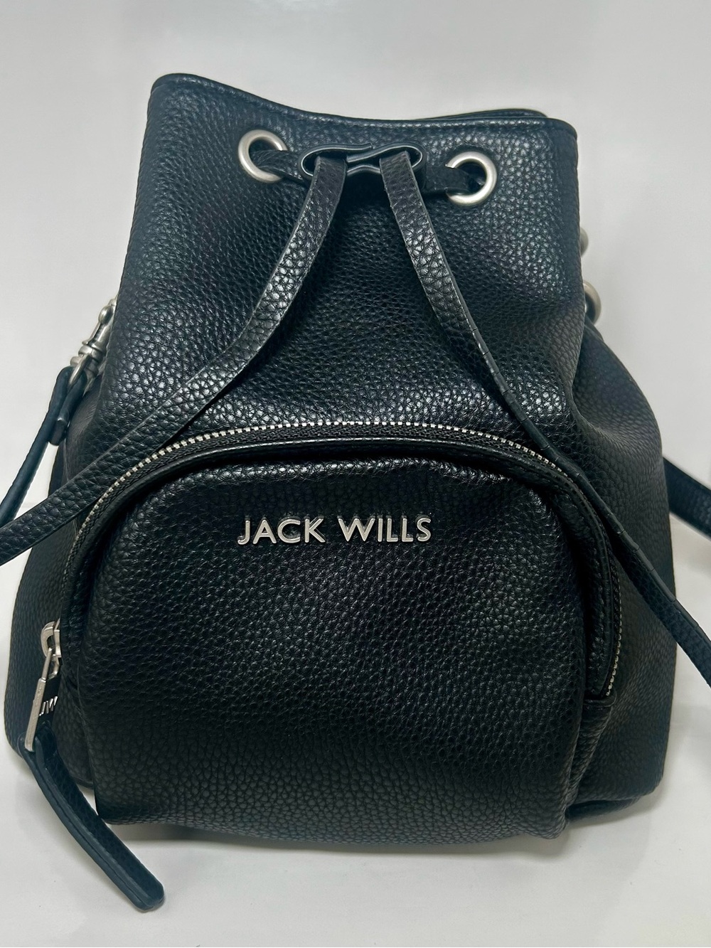 Jack Wills Black Pebbled Faux Vegan Leather Drawstring Mini Crossbody Buckle Bag